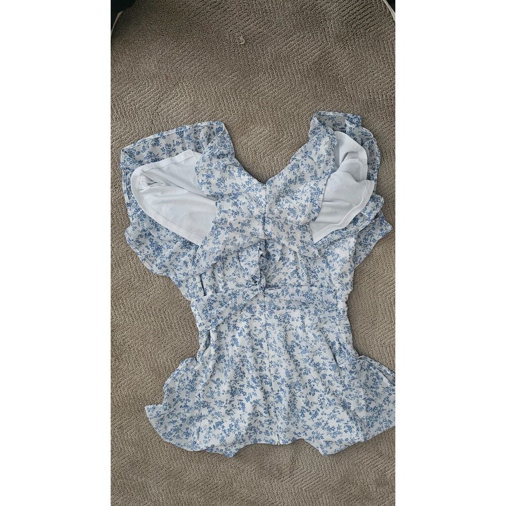 Blue Rain Blue & White Floral Ruffle Dress M • Tiered Skirt • Ruched Bodice